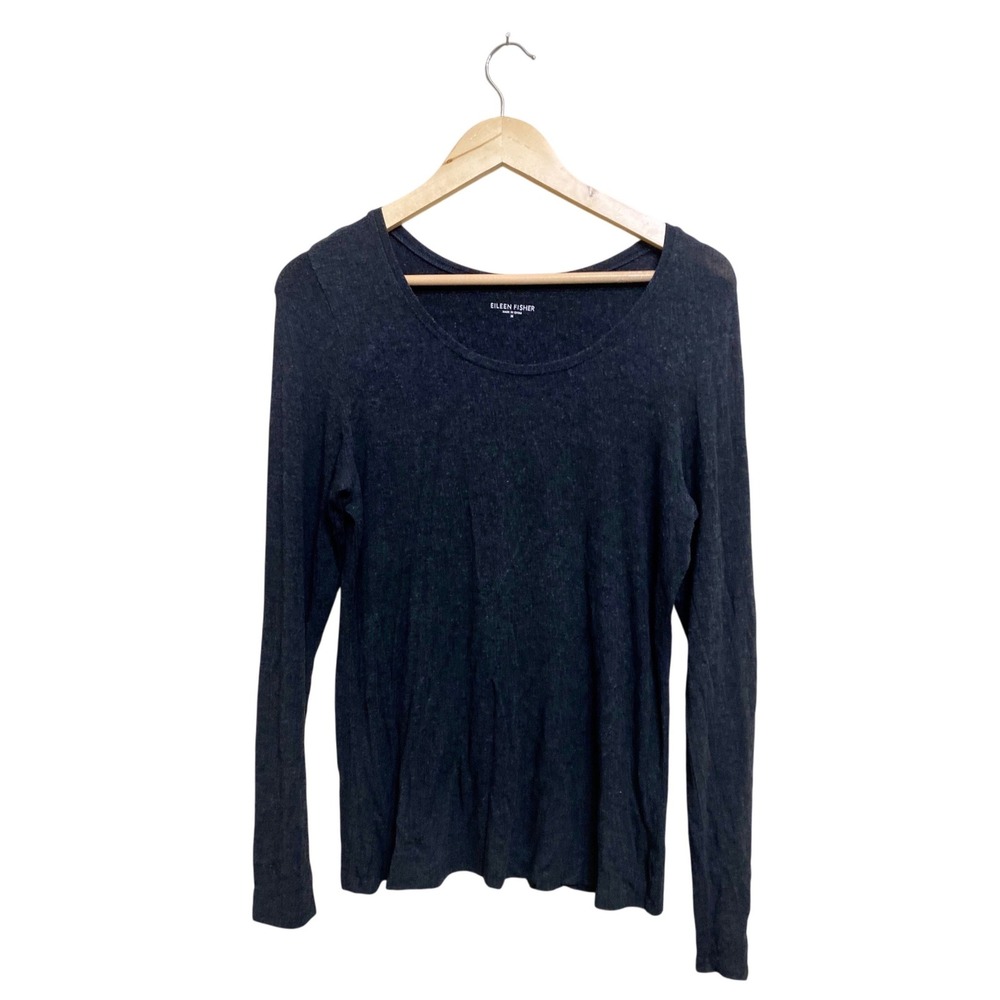 Eileen Fisher Womens Charcoal Gray‎ Viscose Stretch Scoop Neck Long Sleeve Top M